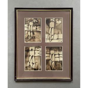 Four Abstract Drawings In A Single Frame, Signature To Be Identified