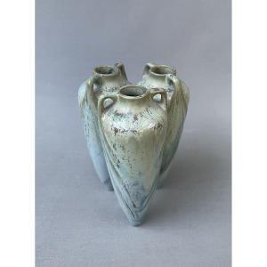 Flamed Stoneware Vase With Three Adjoining Amphorae