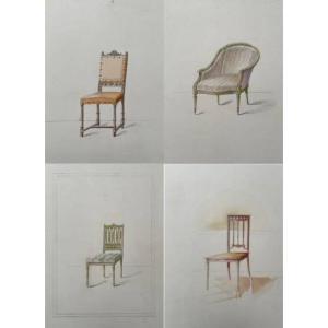 Projets de chaises, 4 dessins aquarellés 