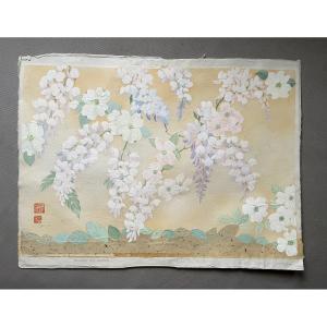 Cornouiller et glycine, Gouache japonisante, Signature à identifier