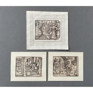 Bois gravés, trois gravures, XVIe
