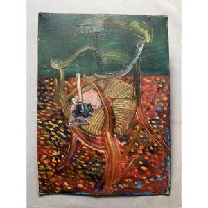 Nature morte au fauteuil paillé, huile sur carton double face