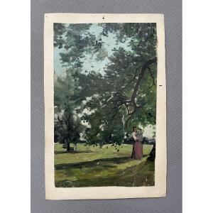 Femme et enfant à l'ombre d'un arbre, huile sur toile