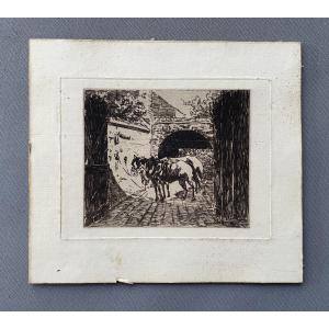 Chevaux, eau forte, signature à déchiffrer