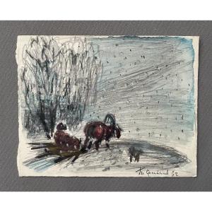 Sledding In The Snow, Mixed Technique, Signature To Be Identified