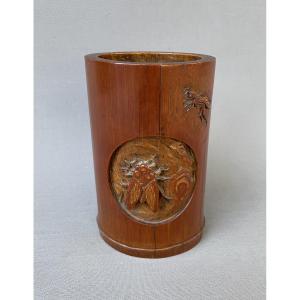 Bamboo Pot Decorated With Birds And Insects, China, Late 19th Century