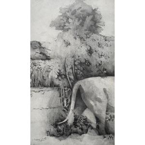 Félin, dessin à la mine de plomb, signature à identifier