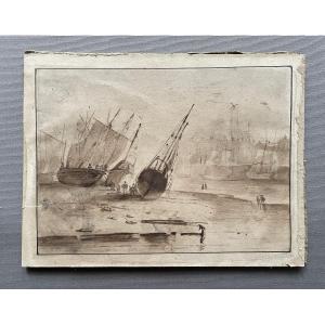 Bateaux à marée basse, lavis d'encre brune