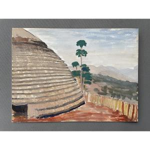 Hutte, Afrique, gouache, signature à identifier