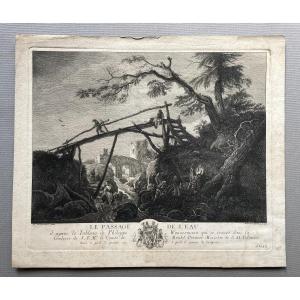 Le passage de l'eau, gravure d'après Wouwermens