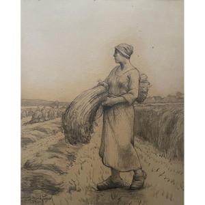  Aimé Perret, Harvest Scene, Charcoal Drawing