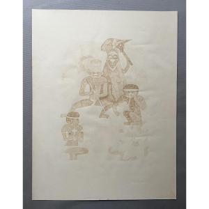 Characters From New Caledonia, Brown Ink Drawing