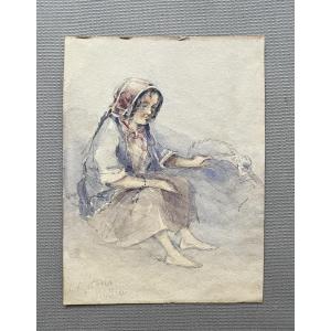 Jeune gitane de Séville, aquarelle, XIXe