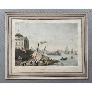 Vue du port et de la ville de Bordeaux, lithographie rehaussée