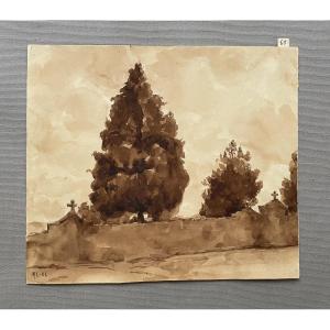 Marie-Louise Lustremant, le mur du cimetière, lavis d'encre brune