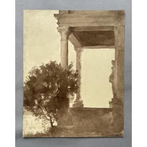 Marie-Louise Lustremant, environs de Florence, lavis d'encre brune