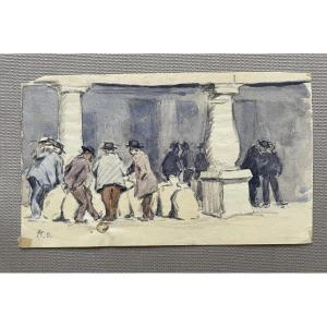 René Olivier, groupe d'hommes, aquarelle monogrammée