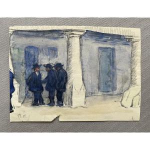  René Olivier, groupe d'hommes, aquarelle monogrammée