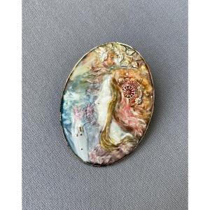 Art Nouveau Enamelled Copper Brooch In The Mucha Style