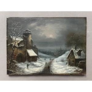 Paysage animé enneigé, école du Nord, huile sur panneau