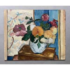 Bouquet de fleurs, signature à identifier, début XXe