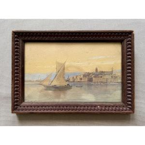 Sailing Ship Leaving The Harbor, Watercolor, 19th Century