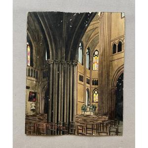 Interior Of Dijon Cathedral, Watercolor And Gouache