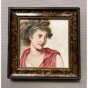 Portrait de jeune femme, peinture sur porcelaine