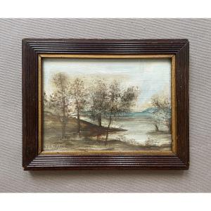 Paysage lacustre, huile sur panneau signée De Ferande