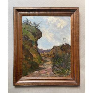 Chemin, huile sur panneau, signature à identifier
