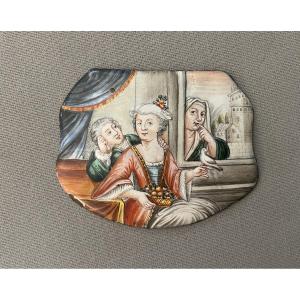 Plaque émaillée double face à décor de personnages et oiseaux domestiques