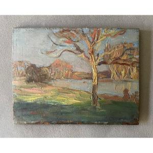 Georges Mareste, Landscape With Trees, Oil On Panel