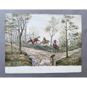Cavaliers en difficulté, aquarelle humoristique
