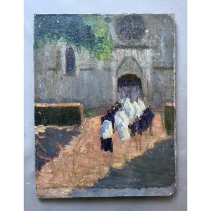 Leaving Mass In Brittany, Oil On Canvas