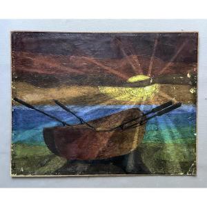 Boat At Sunset, Oil On Paper, Signed By Souayah