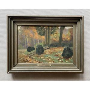 Vue de parc, huile sur carton, signature à identifier