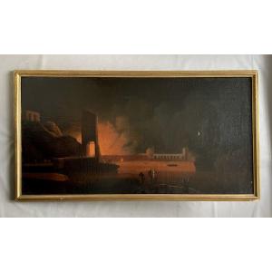 Burning Fortress, Oil On Canvas, 18th Century