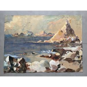 Paysage maritime, gouache, XIXe