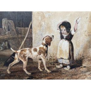 Alexandre Gabriel Decamps, Little Girl And Spaniel, Watercolor