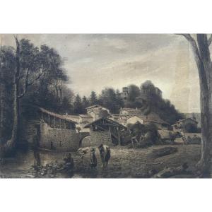 Bernard Pegot, Threshing At The Moulin De Prat - Ariège, Chalk Drawing
