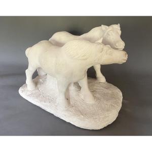 Deux chevaux de trait, sculpture signée Houdré