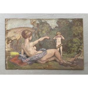 Nymph And Putto, Symbolist School, Oil On Panel