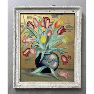 Bouquet Of Tulips, Mounted Under Glass, Signed By Marie-louise Fabre
