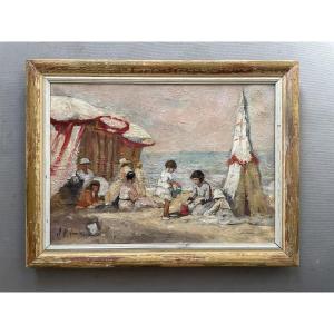 Plage animée, huile sur toile, signature à identifier