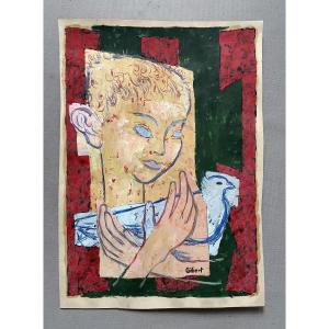 Child And Dove, Oil On Paper, Signed By Gibert