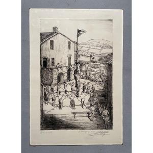 Fête basque, gravure, signature à identifier