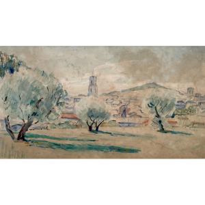 Paysage provençal, aquarelle, signature à déchiffrer 