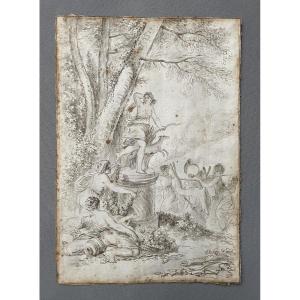 Bacchanalia Around A Statue, Ink Wash, 18th Century