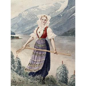 Femme en tenue traditionnelle norvégienne, aquarelle