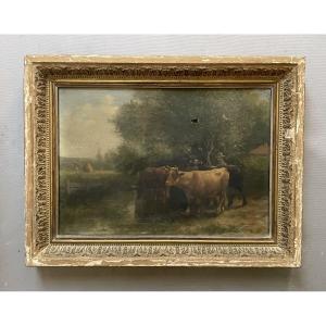 Paysan et ses vaches, huile sur toile, signature à déchiffrer